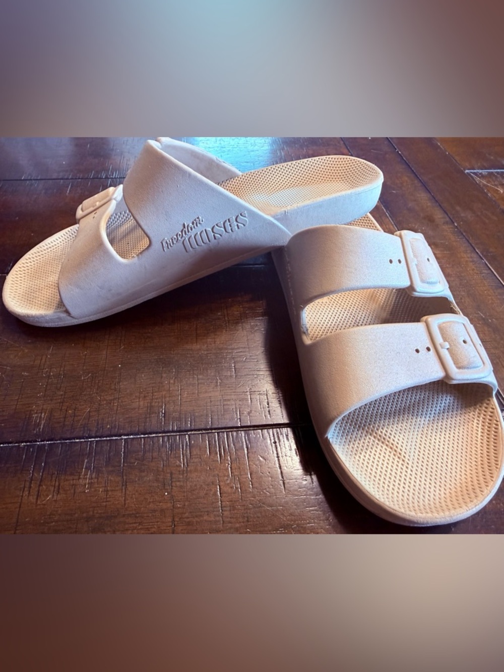 Freedom Moses Women’s Double-Buckle Slide Sandals in Beige